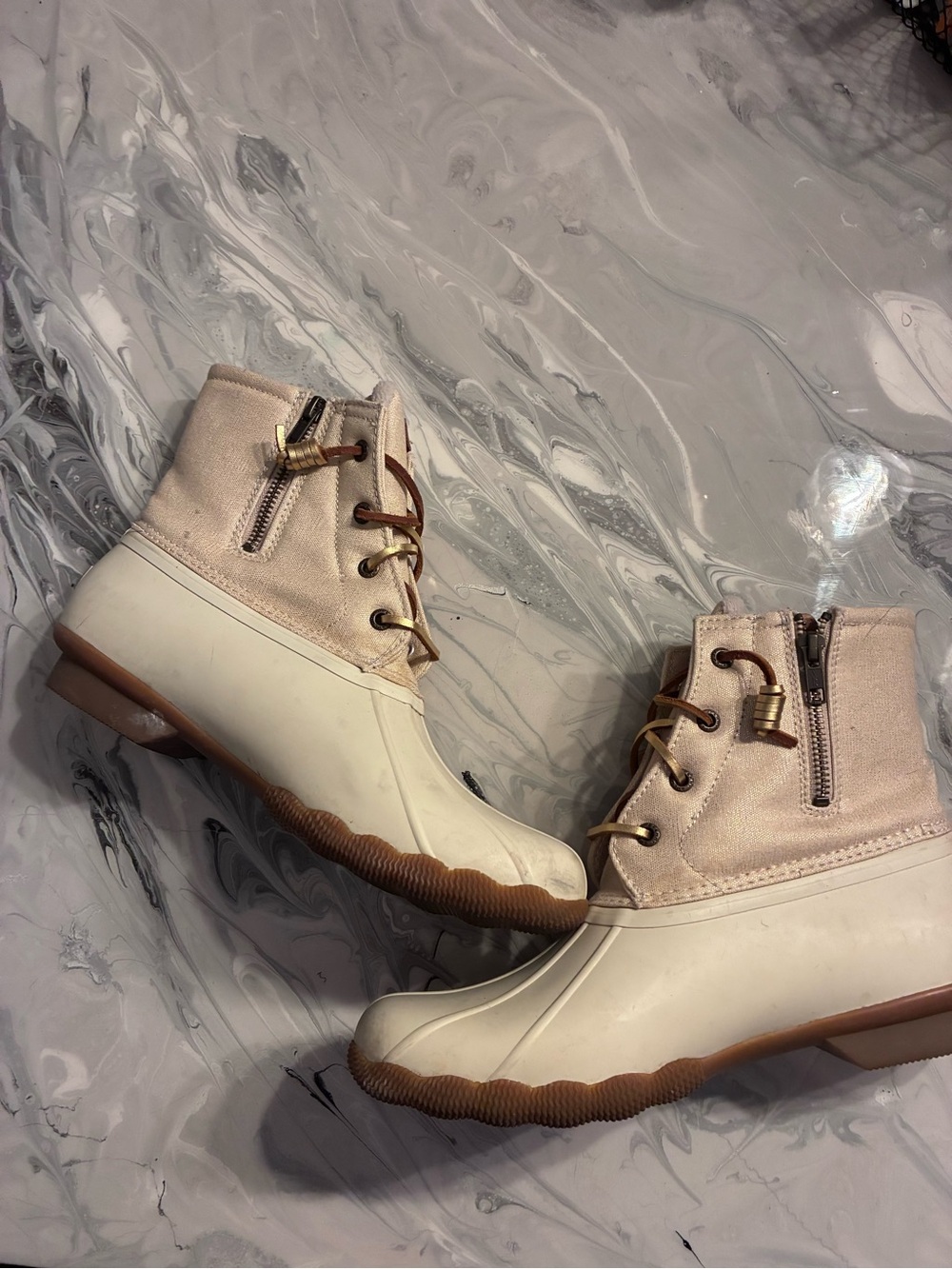 Women's Sperry Cream Gold Glitter Duck Boots with Brown Sole